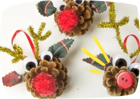 Three handmade Christmas reindeer ornaments crafted from pine cones, decorated with googly eyes, red pom-pom noses, plaid ribbon, and gold tinsel antlers.