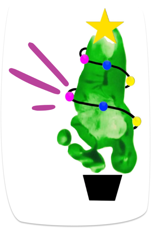 A child's green footprint decorated as a Christmas tree, with colorful lights, a star on top, and a black pot at the base.