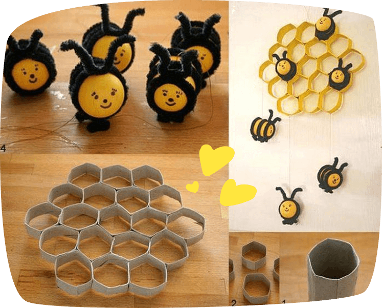 A DIY craft tutorial showing how to make bumble bee decorations using painted ping pong balls with pipe cleaner details, and a honeycomb wall art made from flattened cardboard toilet paper rolls painted yellow.
